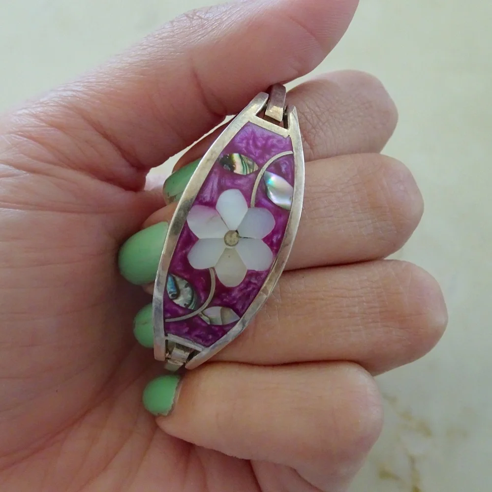 Child's Size Abalone & Mother of Pearl Cloissoné Alpaca Mexico Hinged Bracelet